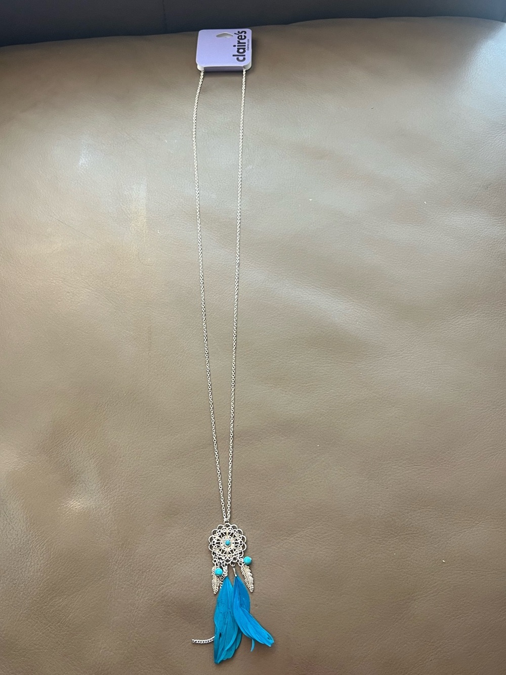 Claire's Silver and Turquoise Feather Dreamcatcher Pendant Necklace